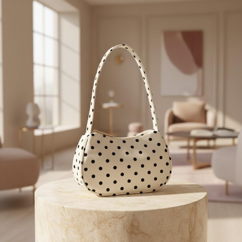 Polka Dot Shoulder Bag, Black and White Baguette Purse, Cute Underarm Handbag, Retro Print Y2K Bag, Women's Small Bag