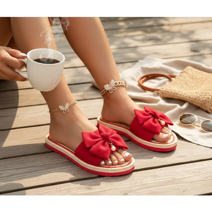Red Bow Slides for Women, Flat Platform Sandals, Cute Summer Slip On Shoes