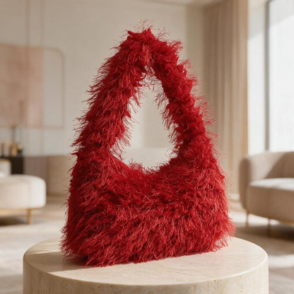 Red Fuzzy Shoulder Bag, Fluffy Handbag, Y2K Statement Purse, Cute Red Bag