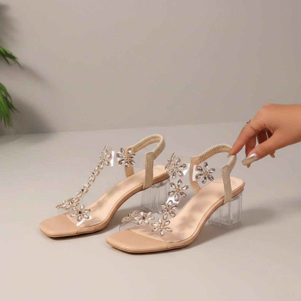 Clear Rhinestone Heels for Women, Floral Block Heel Sandals, Nude Strappy Wedding Shoes