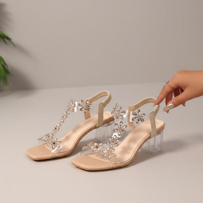 Clear Rhinestone Heels for Women, Floral Block Heel Sandals, Nude Strappy Wedding Shoes