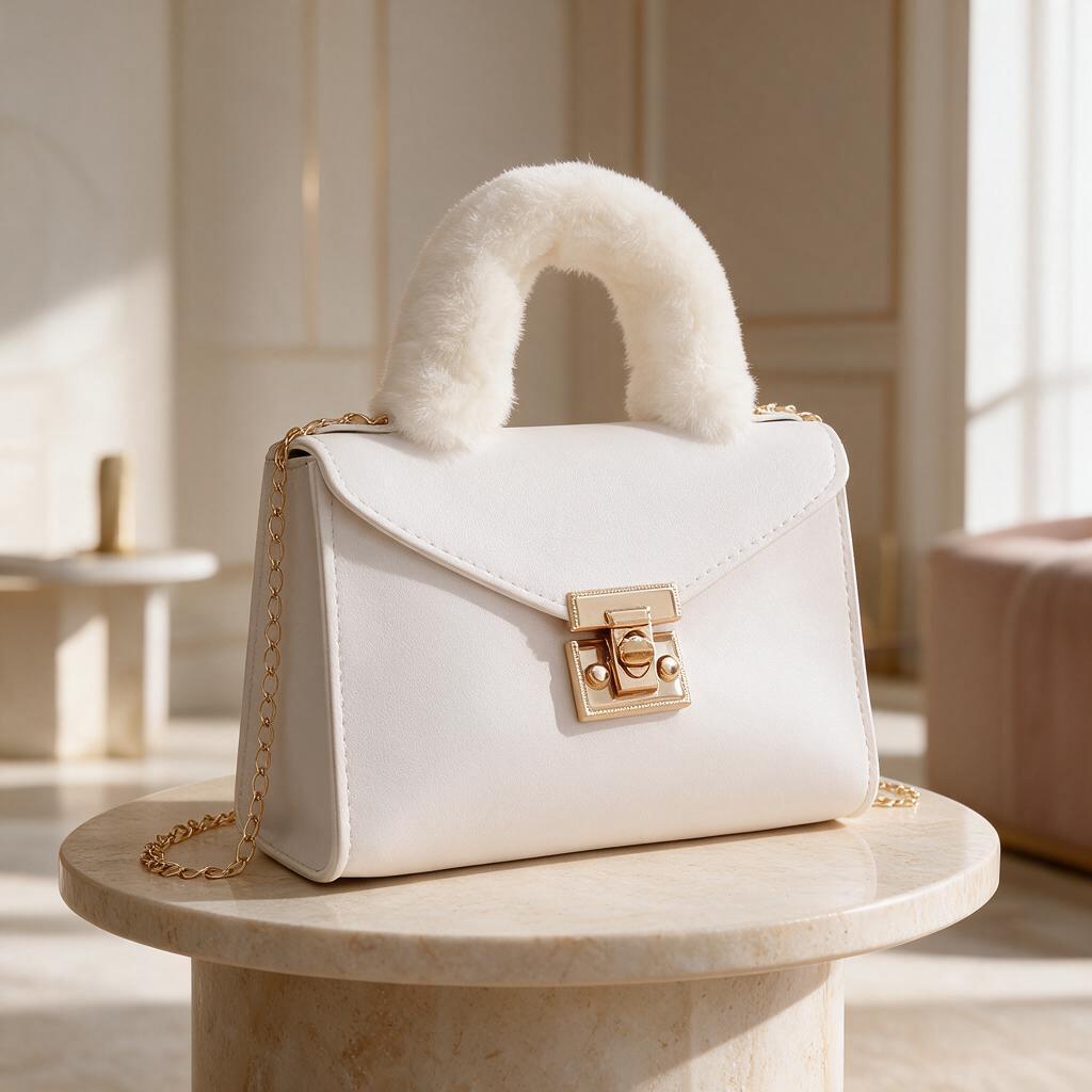 White Top Handle Bag, Faux Fur Handle Handbag, Ivory Purse, Structured Shoulder Bag, Chain Strap Bag, Elegant Handbag