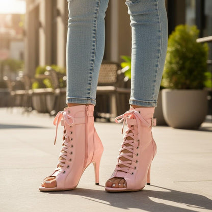 Pink Lace Up Peep Toe Booties, Open Toe High Heel Ankle Boots, Women's Stiletto Shoes