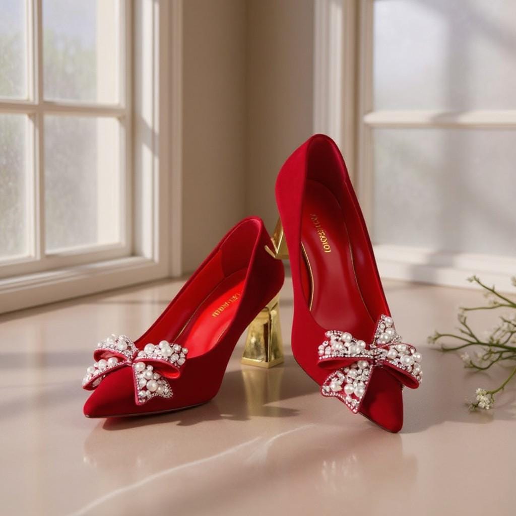 Red Bow Heels, Jeweled Pointed Toe Pumps, Pearl Embellished Block Heel Shoes