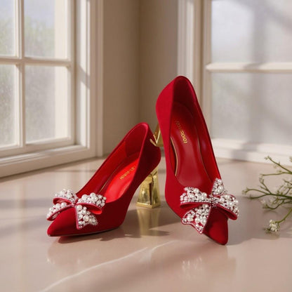 Red Bow Heels, Jeweled Pointed Toe Pumps, Pearl Embellished Block Heel Shoes