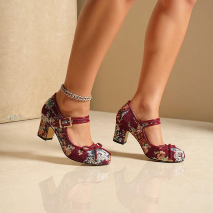 Burgundy Floral Mary Jane Heels, Vintage Bow Pumps, Ankle Strap Dress Shoes