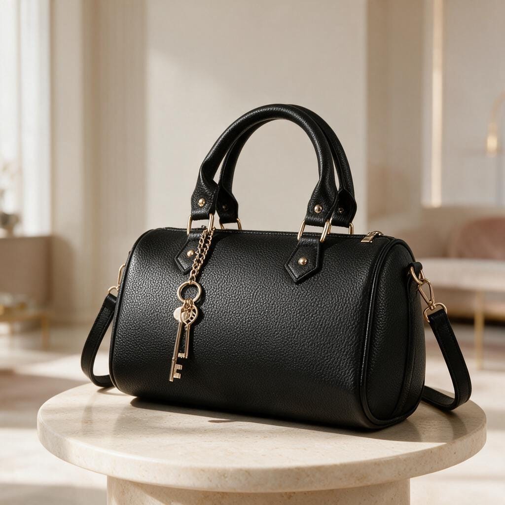 Black Structured Satchel, Women's Top Handle Bag, Crossbody Handbag, Black Shoulder Purse, Key Charm Bag, Elegant Handbag