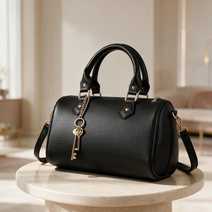 Black Structured Satchel, Women's Top Handle Bag, Crossbody Handbag, Black Shoulder Purse, Key Charm Bag, Elegant Handbag