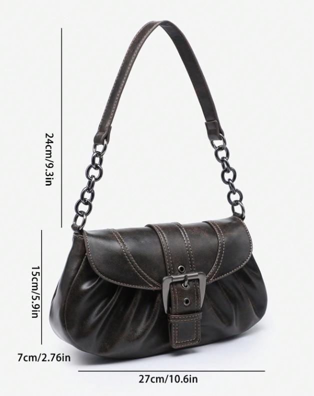 Black Buckle Shoulder Bag, Y2K Chain Purse, Ruched Handbag, Retro Baguette Bag