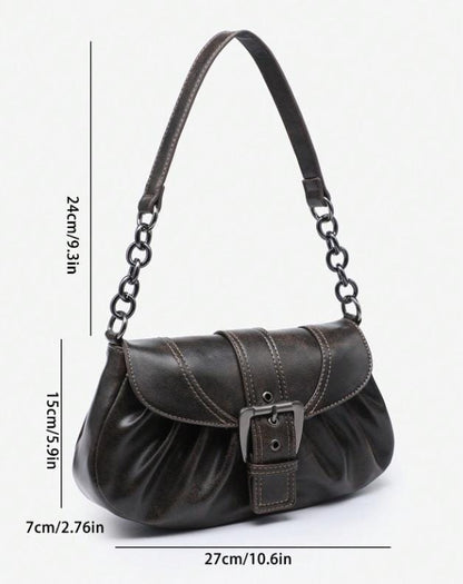 Black Buckle Shoulder Bag, Y2K Chain Purse, Ruched Handbag, Retro Baguette Bag
