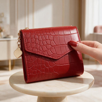 Red Croc Embossed Wallet, Womens Flap Wallet, Small Tassel Purse, Heart Charm