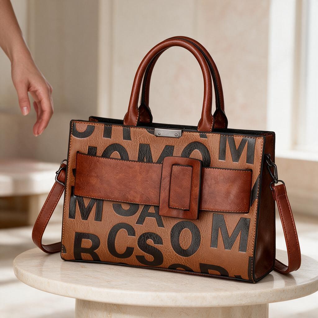 Brown Letter Print Handbag, Structured Satchel Purse, Top Handle Shoulder Bag, Buckle Detail Crossbody Bag, Women's Tote