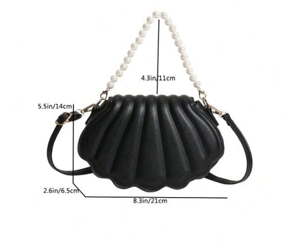 Black Shell Shoulder Bag, Pearl Detail Crossbody Purse, Scalloped Quilted Handbag, Elegant Evening Bag