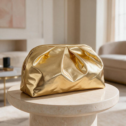 Metallic Gold Clutch Bag, Ruched Evening Purse, Gold Statement Handbag, Glam Party Bag, Elegant Wedding Guest Purse