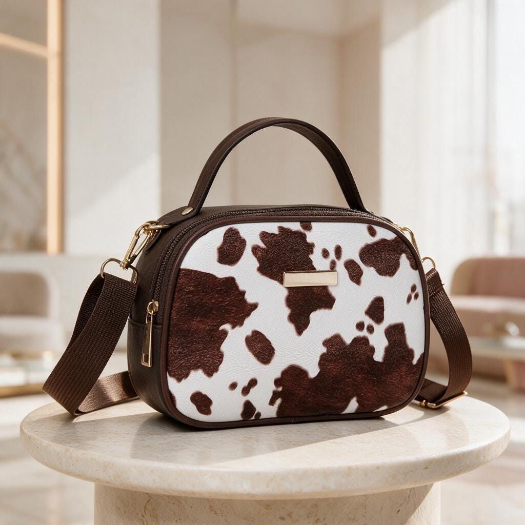 Cow Print Crossbody Bag, Brown White Shoulder Bag, Cow Print Purse, Mini Handbag, Structured Shoulder Purse, Everyday Bag