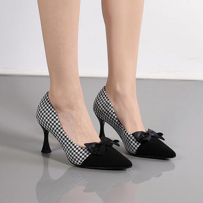 Houndstooth Bow Pumps, Black White Pointed Toe Heels, Stiletto Shoes