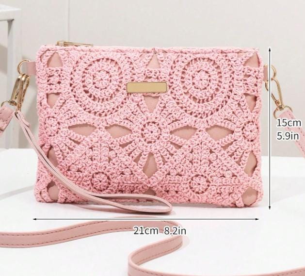 Pink Crochet Crossbody Bag, Lace Shoulder Purse, Boho Women's Handbag