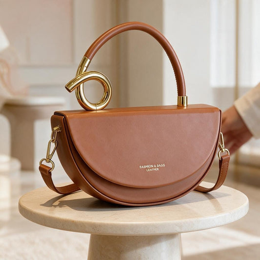 Brown Half Moon Shoulder Bag, Structured Top Handle Purse, Crescent Crossbody Handbag, Caramel Everyday Bag, Gold Accent Purse