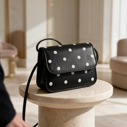 Black Polka Dot Crossbody Bag, Mini Shoulder Purse, Black White Handbag, Cute Flap Bag, Small Everyday Crossbody