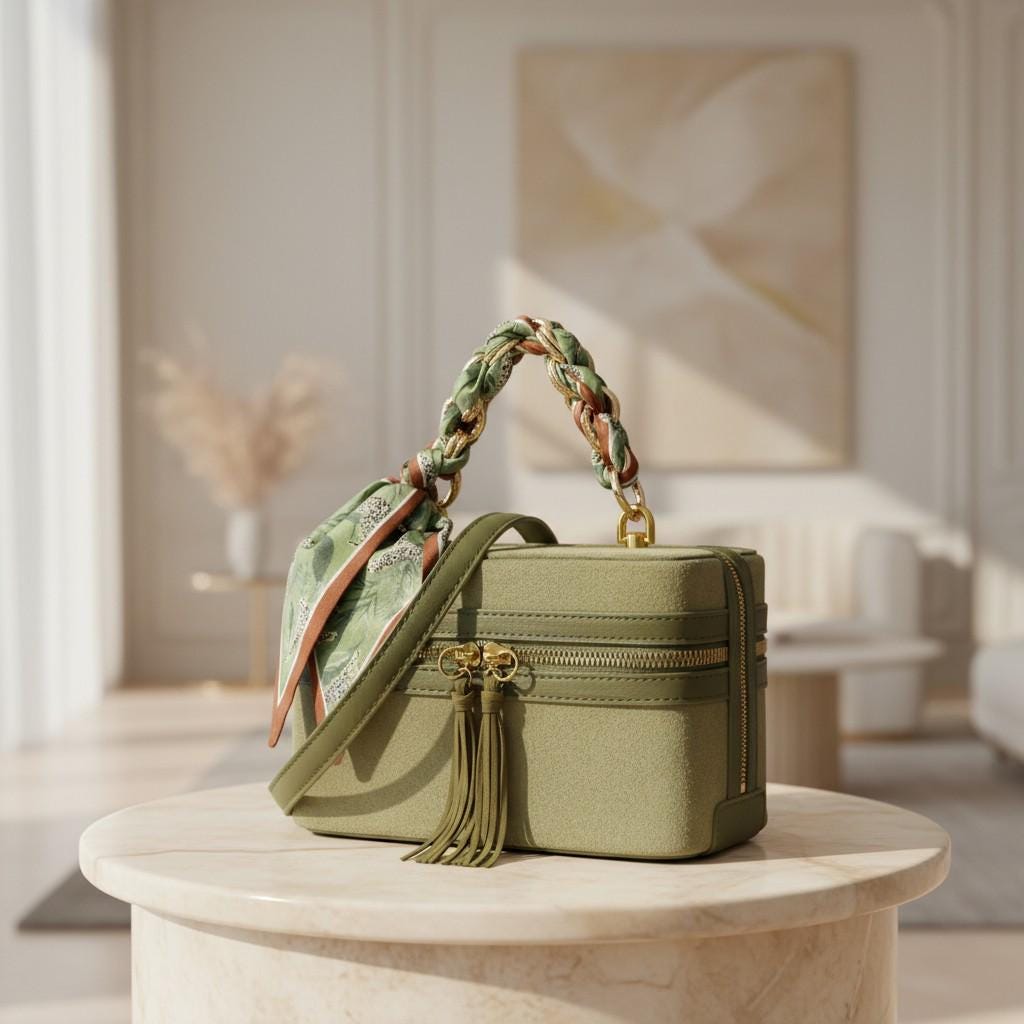 Olive Green Top Handle Bag, Scarf Handle Purse, Tassel Crossbody Bag, Structured Shoulder Handbag