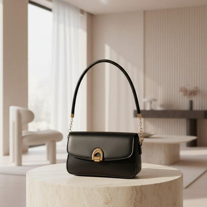 Black Structured Top Handle Bag, Flap Shoulder Purse, Gold Clasp Handbag