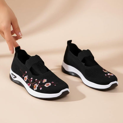 Black Floral Mary Jane Sneakers, Women's Embroidered Walking Shoes, Cute Casual Slip On