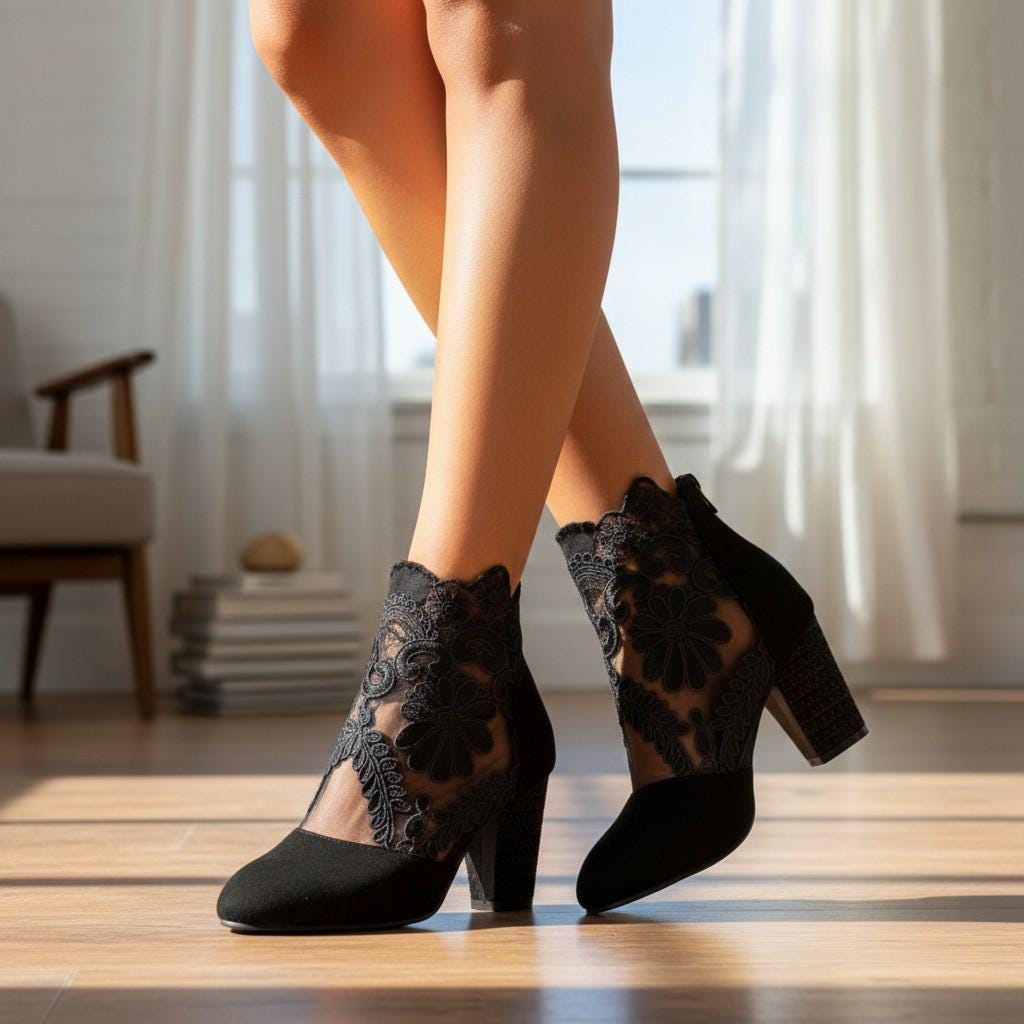 Black Lace Ankle Boots, Floral Embroidered Block Heel Booties for Women