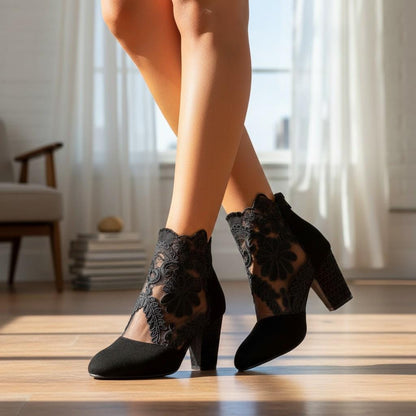 Black Lace Ankle Boots, Floral Embroidered Block Heel Booties for Women