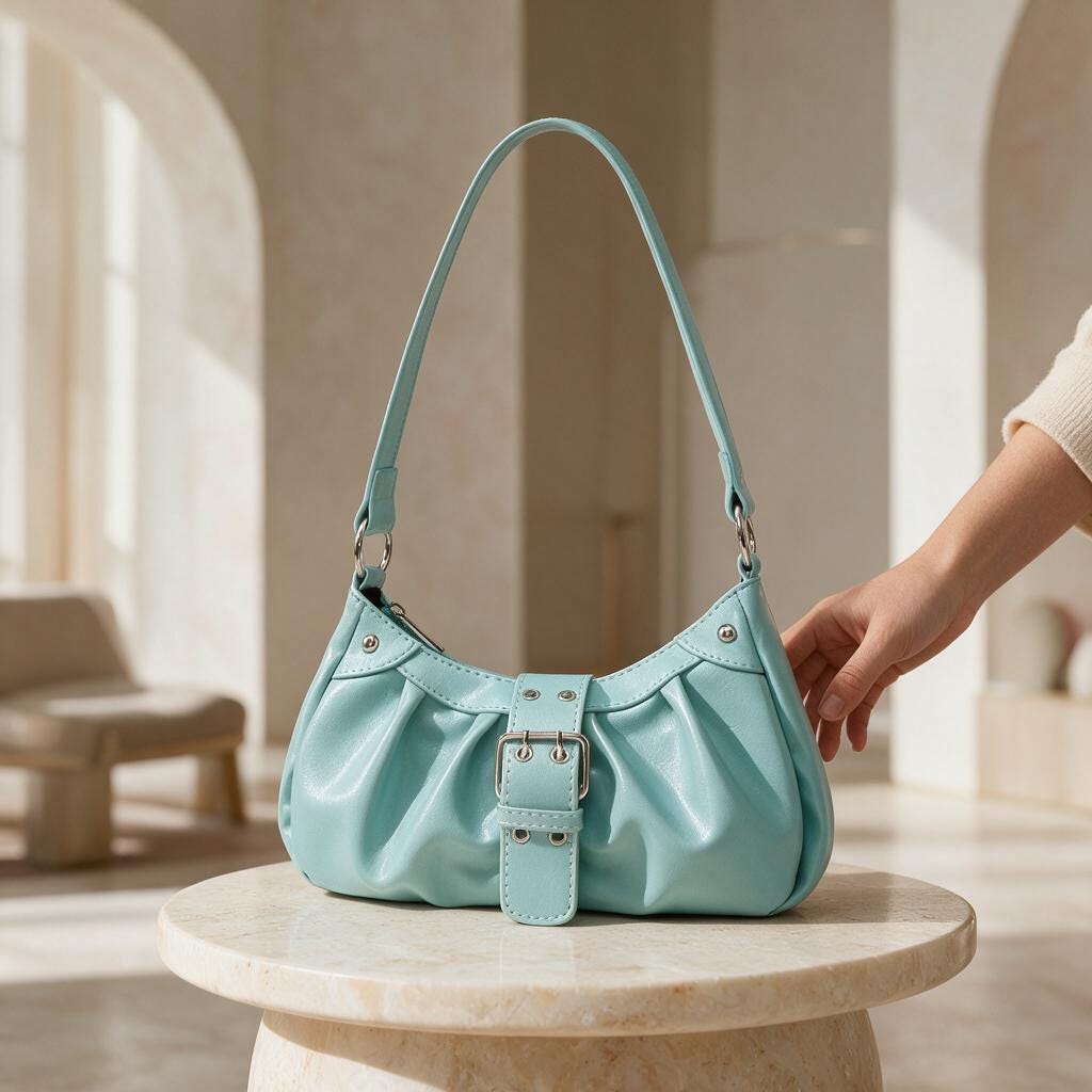 Aqua Blue Shoulder Bag, Y2K Hobo Purse, Ruched Underarm Bag, Buckle Detail Handbag, Retro 90s Style Purse, Cute Everyday Bag
