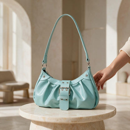 Aqua Blue Shoulder Bag, Y2K Hobo Purse, Ruched Underarm Bag, Buckle Detail Handbag, Retro 90s Style Purse, Cute Everyday Bag