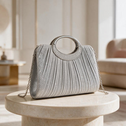 Silver Pleated Evening Bag, Rhinestone Ring Handle Purse, Silver Chain Shoulder Bag, Wedding Guest Clutch, Party Handbag