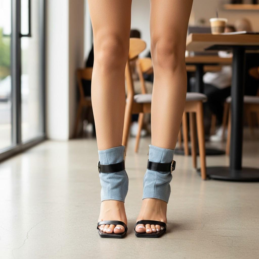 Denim Peep Toe Booties, Light Blue High Heel Ankle Boots, Open Toe Stiletto Heels, Women's Statement Shoes