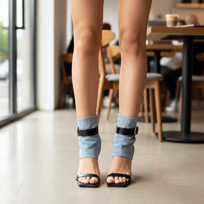 Denim Peep Toe Booties, Light Blue High Heel Ankle Boots, Open Toe Stiletto Heels, Women's Statement Shoes