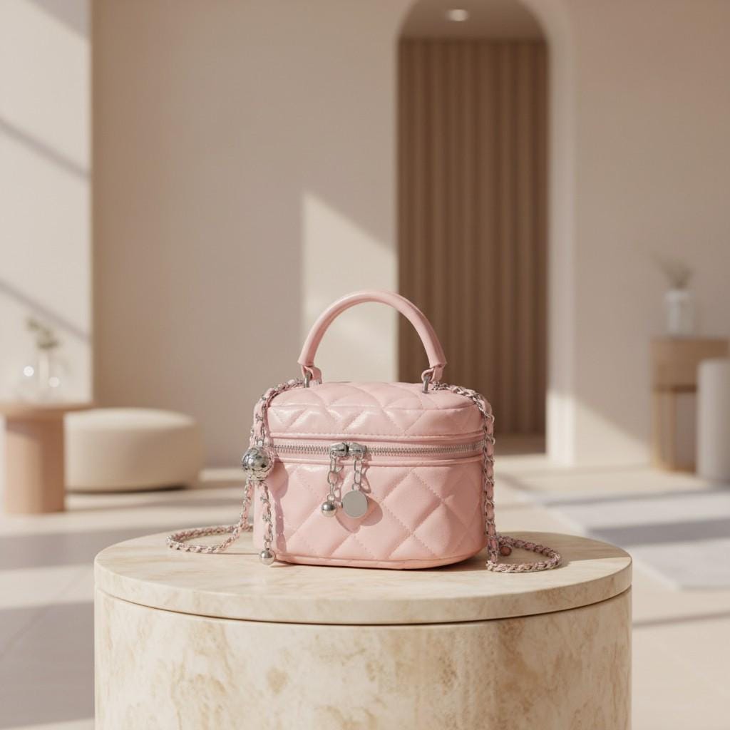 Pink Quilted Mini Bag, Pastel Pink Crossbody Purse, Chain Shoulder Bag, Top Handle Handbag, Cute Y2K Purse, Heart Charm Bag
