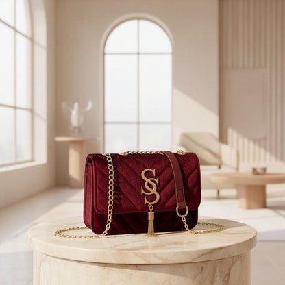 Burgundy Quilted Shoulder Bag, Gold Chain Purse, Tassel Crossbody Bag, Structured Handbag