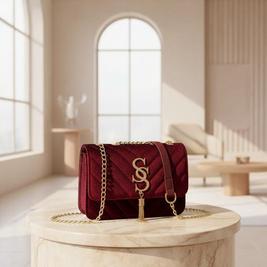 Burgundy Quilted Shoulder Bag, Gold Chain Purse, Tassel Crossbody Bag, Structured Handbag