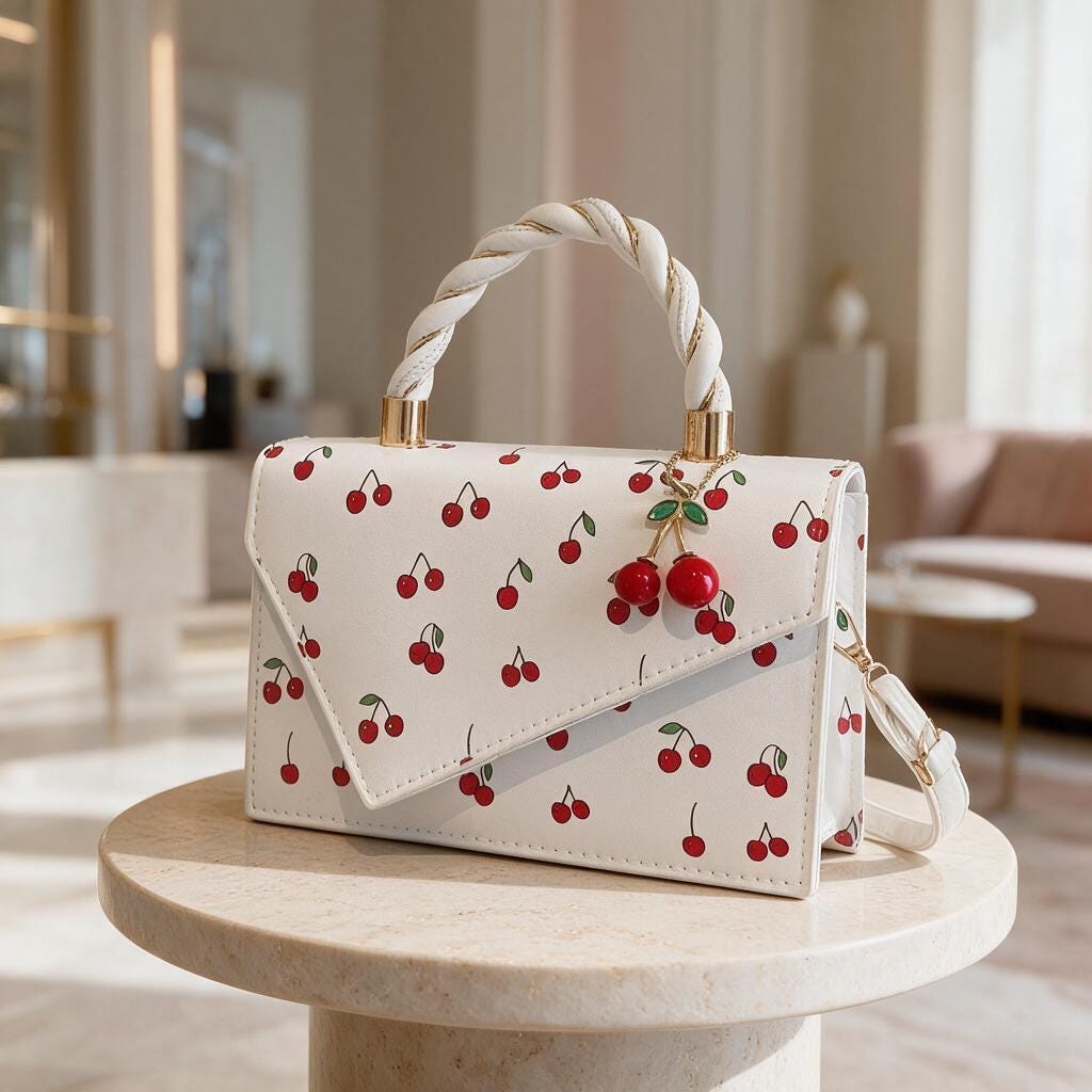 Cherry Print Handbag, White Cherry Shoulder Bag, Fruit Print Purse, Braided Handle Bag, Cute Flap Crossbody Bag, Summer Purse