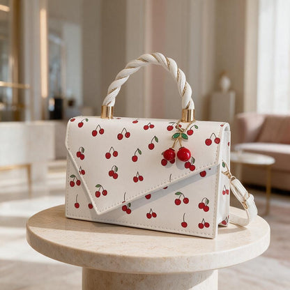 Cherry Print Handbag, White Cherry Shoulder Bag, Fruit Print Purse, Braided Handle Bag, Cute Flap Crossbody Bag, Summer Purse