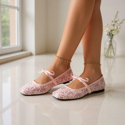 Pink Floral Mary Jane Flats, Balletcore Ribbon Bow Shoes, Embroidered Ballerina Flats