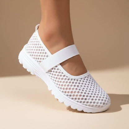 White Mesh Mary Jane Sneakers for Women, Casual Strap Shoes, Lightweight Summer Footwear