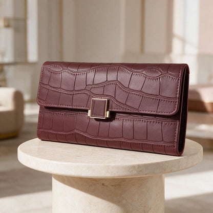 Burgundy Croc Embossed Wallet, Long Womens Wallet, Flap Purse with Metal Clasp