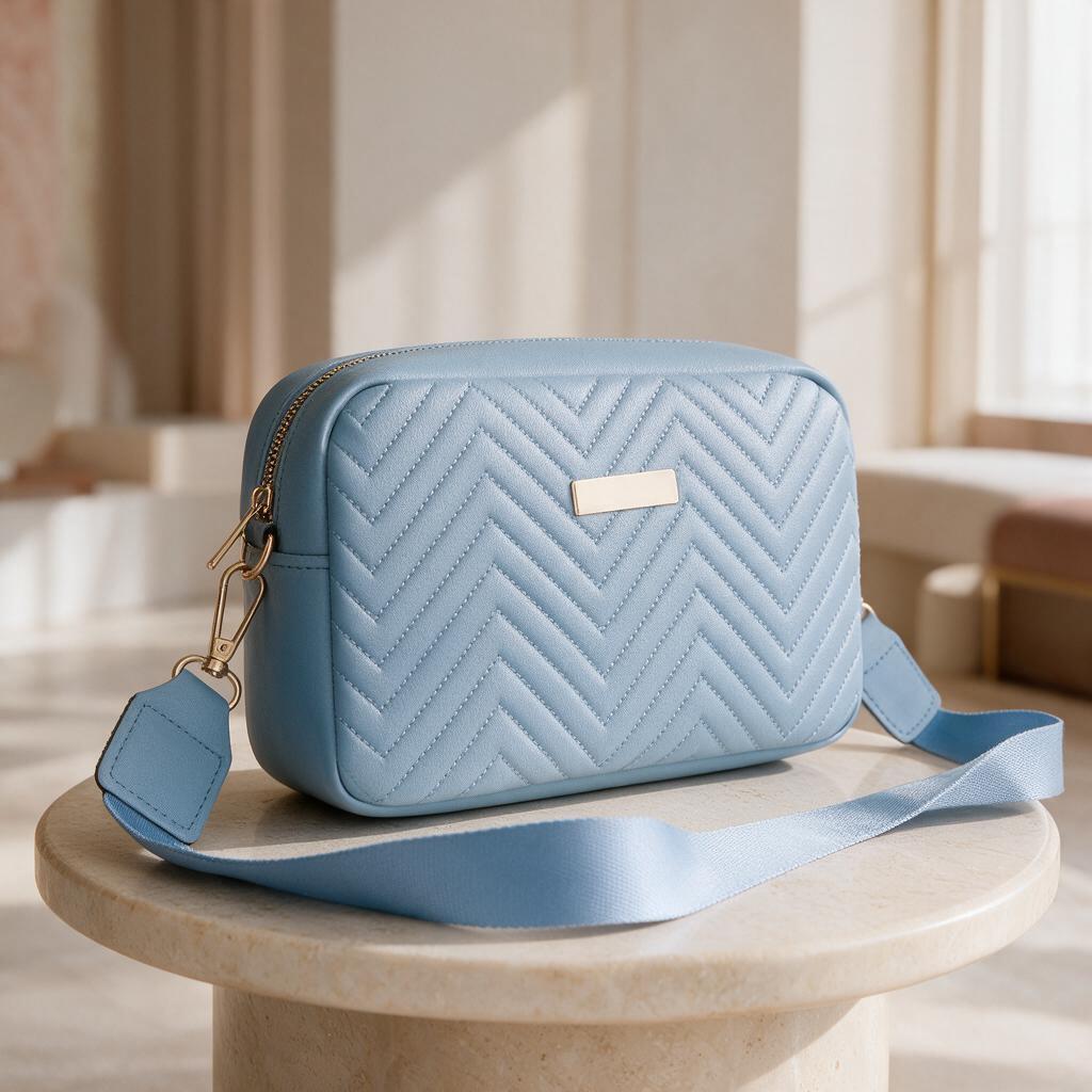 Light Blue Quilted Crossbody Bag, Chevron Shoulder Purse, Powder Blue Handbag, Casual Everyday Bag, Adjustable Strap