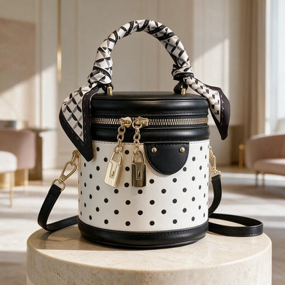 Polka Dot Bucket Bag, Black White Shoulder Bag, Cylindrical Handbag, Scarf Handle Purse, Gold Hardware Crossbody Bag