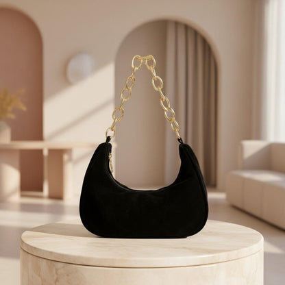 Black Crescent Shoulder Bag for Women, Small Hobo Purse, Gold Chain Strap Handbag, Minimalist Everyday Bag
