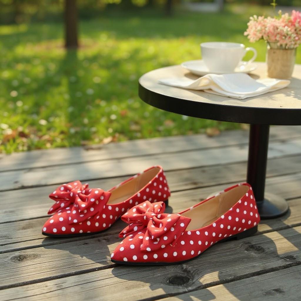 Red Polka Dot Ballet Flats, Pointed Toe Bow Shoes, Vintage Ballerina Flats