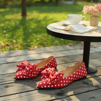 Red Polka Dot Ballet Flats, Pointed Toe Bow Shoes, Vintage Ballerina Flats