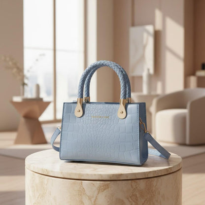 Blue Crocodile Print Handbag, Structured Top Handle Bag for Women, Small Shoulder Purse with Long Strap