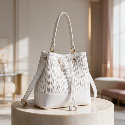 White Bucket Bag, Drawstring Shoulder Purse, Textured Summer Bag, Boho Inspired Handbag, White Casual Womens Bag