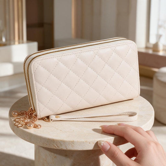 White Quilted Wristlet Wallet, Womens Zip Wallet, Elegant Long Wallet, Gift for Her
