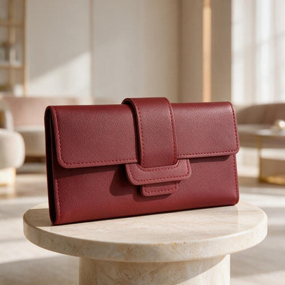 Burgundy Long Wallet, Womens Flap Wallet, Minimalist Red Purse